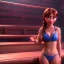 Placeholder: a girl with a boyish face a beautiful cleavage in a lace neckline with a man's short haircut a thin waist and wide hips in bikini in sauna