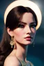 Placeholder: Young business woman, dark brown hair, elegant hair, blue eyes, gold hoop earrings, waist up portrait, 8k resolution, intricate details, ornate details, soft lighting, vibrant colors, retroanime, masterpiece, realistic, intricate eyeliner, dark eyeshadow, eyes,futuristic cityscape background