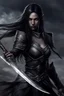 Placeholder: SA female elf with skin the color of storm clouds, deep grey, stands ready for battle. Her long black hair flows behind her like a shadow, while her eyes gleam with a fierce silver light. Despite the grim set of her mouth, there's a undeniable beauty in her fierce countenance. She's been in a fight, evidenced by the ragged state of her leather armor and the red cape that's seen better days, edges frayed and torn. In her hands, she grips two daggers, add dark shadow mystic purple flames