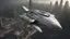 Placeholder: a photorealistic sleek silver spaceship flying over a ruined city