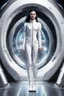 Placeholder: photorealistic slim woman looking like Drusilla with white boots standing at the entrance to a spaceship