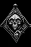 Placeholder: rat fink skeleton in a black hooded cloak drawn in a retro mascot style, inside a light diamond shape on a black background, monochromatic