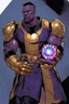 Placeholder: A sporty looking man with With a serious his face while holding Thanos' gantlet K's infinity gauntlet has six infinity stones