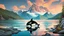 Placeholder: Norwegian fjord mountains desktop background image beautiful lake vintage poster in the style of USA national park posters clouds colorful orcas