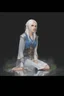 Placeholder: Dnd character on her knees. A female Aaismar twilight cleric with white hair and blue eyes, wearing gray robes. Etreal, beautiful, sexy, split dress