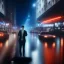 Placeholder: wideshot, fullbody, 35mm film still froma live action movie of guy smoking a cigratte in the wet city streets, with the guys reflections on the wet road, cinematic, cinematography, night, raining, upwards angle, 8k