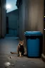 Placeholder: Street lamp in a dark alley in the background a garbage container by a dirty wall , stray cat is eating on the floor