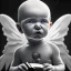 Placeholder: bw,a sad human baby artist called tobias leander with no hair,halo, wings, drinking, sitting in chair, photo realistic spray painting, book cover illustration