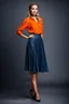 Placeholder: full body of very beautiful lady midi blue pleated skirt and orange bluse , Braided hair ,standing idle happy pose in studio pretty makeup,dark background