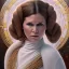 Placeholder: hyperspace background, complete and photo realistic detailed head to waist stunning photo realistic portrait of carrie fisher as Princess Leia in star wars with photo realistic updo hair by Mandy Jurgens and mucha and Richard Schmid and chuck close and chie yoshii, extraordinary and detailed ceremony dress of star wars,brown eyes