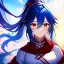 Placeholder: Clear focus, 8k, beautiful lighting, vibrant colors, girl, blue hair, long hair, vibrant red eyes, ponytail, messy hair, hair in between the eyes, miko,