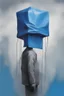 Placeholder: A strange and gloomy stick man with a blue plastic bag on his head. Surrealism, figurative painting with elements of the Bauhaus style. Intense textures.