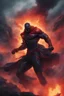 Placeholder: the Phantom, Strong, athletic physique, action poses, battle scars, blood, foggy, cloudy background, multicolored lightning, flowing lava, Full Eclipse, aliens, explosions, bright, vibrant, extremely colorful, detailed, blood red skies