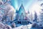 Placeholder: A crystal and transparent castel in an enchanted garden with giant crystals and snow, northern lights, sun, snowflakes, blue pink colors, 4k, realistic photography