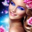 Placeholder: Full body Princess, sexy woman blondie, make up, beautiful smiling face,blue eyes, beautiful place,amazing, flowers, colors, blue and pink butterfly, realistic, photo real, stars night, detailed, high contrast, 8k high definition, unreal engine 5, extremely sharp detail, light effect, light background