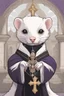 Placeholder: (anthropomorphic white ferret),dressed in ((cleric fantasy)) black clothes with silver holy ornaments, realistic anatomy, holy symbols around, serious face, hold holy cross symbol, tired face, in the style of LOISH, look at the vivewer, cute face, fantasy inspire, fantasy church on background with sunshine, gloomy atmosphere, high angle shot, purple armband, The holy icon style