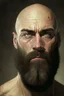 Placeholder: Portrait of a bald man, muscled, with quite-long brown beard, a black bandage on his right eye,