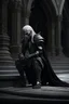 Placeholder: dark fantasy warrior in black armour, albino dark elf, kneeling on ground of ancient temple