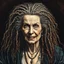 Placeholder: colored etching of an aged raggedly dressed, malevolent, predatory French female vampire , with highly detailed beaded dreadlock hair and facial features ,in the style of Rembrandt, Gian Lorenzo Bernini, Johannes Vermeer, and Ann Chernow, with a fine art aesthetic, highly detailed , realistic , 4k UHD cinegraphic quality