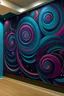 Placeholder: Craft handpainted wall mural by mesmerizing spirals using circles, creating an optical illusion effect. Play with contrasting colors for a dynamic and captivating mural. Color Palette: Deep blue, mesmerizing magenta, cosmic teal, hypnotic gold.