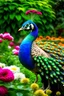 Placeholder: A jubilant peacock displaying its vibrant plumage in a lush garden filled with exotic flowers.