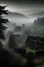 Placeholder: a panoramic view of Ravenbrook, a small, rustic village nestled amidst a misty forest. Use dark, muted colors to create a sense of mystery and seclusion. Focus on the mist swirling around the trees, hinting at the village's superstitious nature.