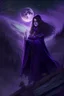 Placeholder: A beautiful witch, dressed in a dark purple cloak, with brown hair and hazel eyes, standing on a mountain peak with a forest behind her, under the full moon, wand out, casting a spell