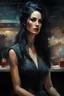 Placeholder: muscular stunning tall russian woman 35yo with long black hair wearing as a waitress in a 50s diner smiling :: dark mysterious esoteric atmosphere :: digital matt painting with rough paint strokes by Jeremy Mann + Carne Griffiths + Leonid Afremov, black canvas, dramatic shading