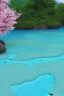 Placeholder: petite Riviere turquoise avec au bord des fleurs cerisier en fleur rocher avec mousse petits cristaux sur la mousse