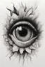 Placeholder: A realistic drawing in negative space black ink on white background of a eye with multiple irises inside a sun with very defined and correct details and brushstrokes smoke around it