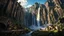 Placeholder: a wide waterfall falling upon a medieval european city. The city is at the bottom at the end of a steep, narrow, 3.000 feet tall ravine. a masterpiece, fantasy concept art, dynamic lighting, hyperdetailed, intricately detailed, deep color, Unreal Engine, volumetric lighting, Epic cinematic brilliant stunning intricate meticulously detailed dramatic atmospheric maximalist digital matte painting