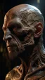 Placeholder: Busch painting style nightmare, a zoomed side view of a man his head is a broken metallic skin texture in a 3d rendering full-height image of a grim and dark scene. Ensure the final images exhibit the utmost quality, encompassing 4K, 8K, and 64K resolutions, with 3D rendering that manifests in photorealistic, hyperrealistic, and highly detailed representations. Employ techniques such as HDR, UHD,