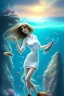 Placeholder: long hair fish lady with white top set on the rock in the ocean