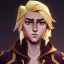 Placeholder: blond rogue, fantasy gnome, nonbinary, gold cloak, pickpocket, charming smirk