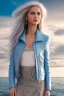 Placeholder: half body shot,realistic portrait of a 20-25 old caucasian model, long blue pink flowing hair, great grey eyes, blue leather jacket,full body, short white skirt,long legs,standing at beach of very nive lake with sunset ,clouds,godrayes