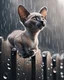 Placeholder: Baby Oriental shorthair Siamese cat perches precariously on the slick, glistening rainy fence, each individual raindrop pitter-pattering around it like a delicate symphony. Its fur, glistens under the sparse light that filters through the thick, grey clouds, droplets clinging to its soft coat like tiny jewels. The animal tilts its head upward, its big, expressive amber eyes wide with curiosity, seemingly mesmerized by an unseen spectacle just beyond the frame.