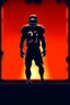 Placeholder: Silhouette of a football linebacker, the background on the left is red at the top and fading to black at the bottom, the background on the right is orange at the top and fading to dark navy blue at the bottom, background also has stadium lighting and the receding yard lines of a football field