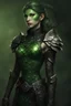 Placeholder: female snake humanoid, green scales, wearing a black leather armor, dungeons and dragons