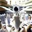 Placeholder: The scene in Mecca: People wearing white Ihram clothes, men without head coverings, women with veils, circumambulating around the Kaaba, and above them are transparent white spirits of children, men, and women with wings revolving around the Kaaba.