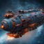 Placeholder: highly detailed weathered TRAIN ship in Deep space , subtle blue subtle orange lights , blue exhaust, antennas, luminescent , 35 mm focal length