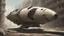 Placeholder: sleek cargo spaceship, built like a teardrop, landing in an empty ruined street