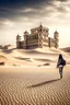 Placeholder: Abandoned castle blurred, in desert. Traveler with carrier passes by. Sandstorm nearby