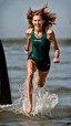 Placeholder: beautiful anorexic woman, jumping, short triathlon swimsuit, medium length wavy haircut, photographed by sports illustrated, red hair