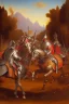 Placeholder: renaissance painting of mounted knights galloping across an open field, swords in hand, mountains in distance