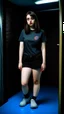 Placeholder: generate a full-length girl with gray-green sad eyes, with dark hair above the shoulders, a round face, not very plump lips, in a black T-shirt with a red print, short shorts, blue socks