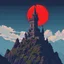 Placeholder: 8 bit pixelart a towering castle perched atop windswept cliffs, its jagged stone figure bathed in the cinematic crimson glow of a giant, imposing red harvest moon.