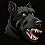Placeholder: an angry scruffy black terrier on black background, yellow eyes, defined teeth, 30% lighter, vector illustration