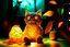 Placeholder: Against a dark cracked holographic marble background, a cute chibi plushy fluffy knitted and embroidered cat, tent, campfire, pond, mist and fog in sunshine, drawn in orange glowing neon lines. The cracks in the background are golden. Ethereal, cinematic postprocessing.