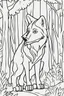 Placeholder: kids coloring page, wolf in a forest, cartoon style, thick lines, very low detail, no shading