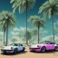 Placeholder: 1980's aesthetic vaporwave palm trees and spheres and Porsche with lightning